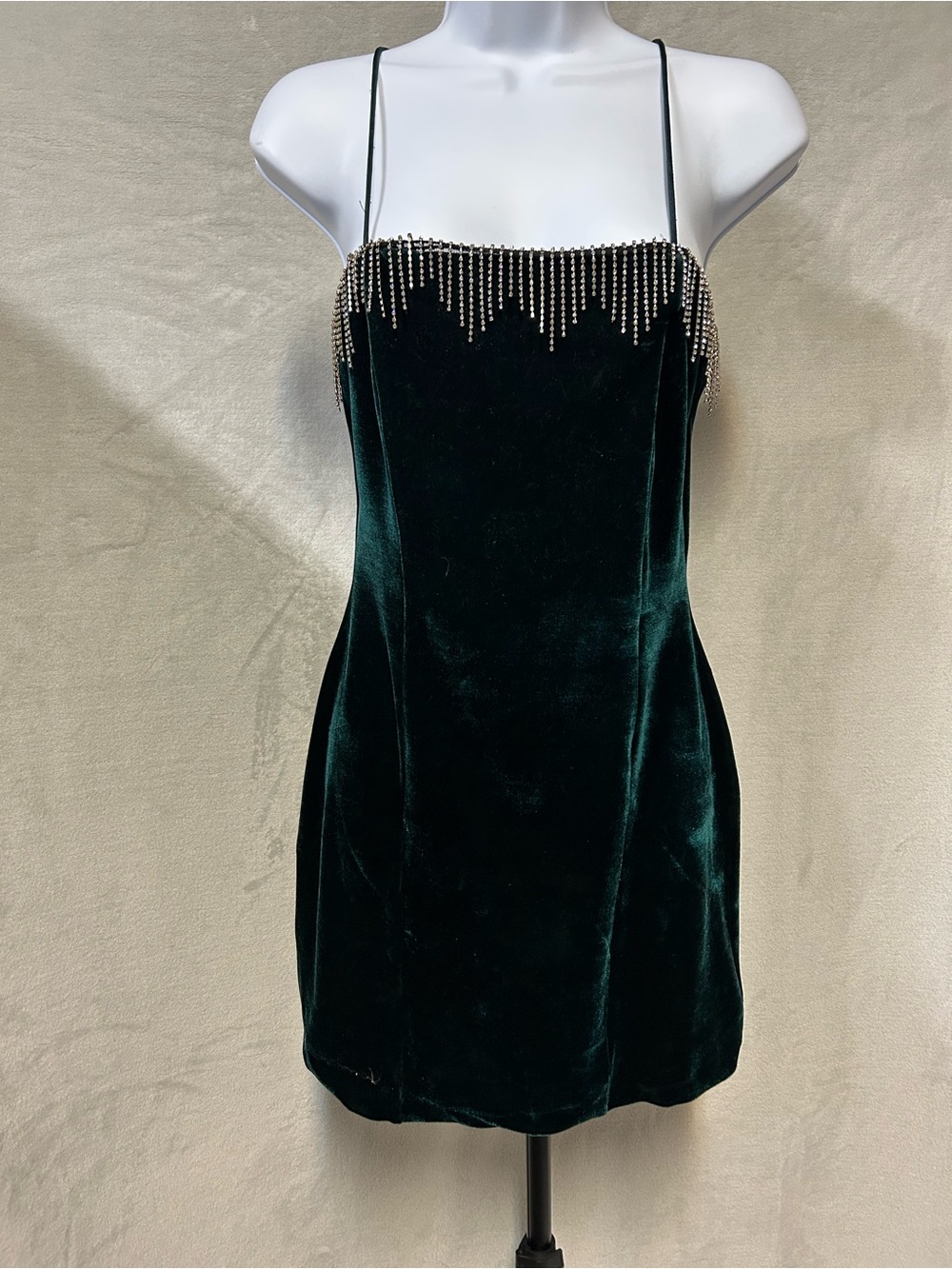 Zara Dark Emerald Green Velvet Rhinestone-Trim Mini Dress